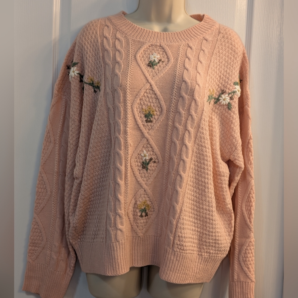 So Me Pink Cable Knit Sweater with Floral Embroidery Size Medium - Picture 2 of 7